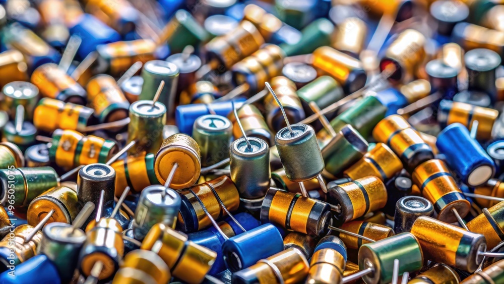 Close-up of heap of fixed capacitors in selective focus, capacitors, electronic components, technology Close-up of heap of fixed capacitors in selective focus, capacitors, electronic components, technology