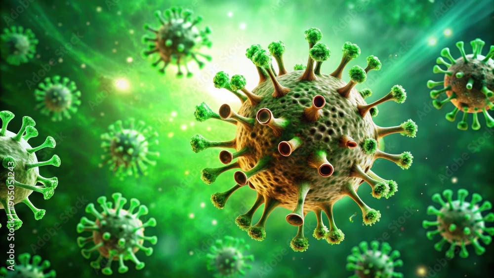 Close up of a virus molecule on abstract green background Close up of a virus molecule on abstract green background