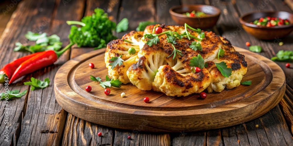 custom made wallpaper toronto digitalSpicy grilled cauliflower steak served on a rustic wooden plate, vegetarian, food photography, healthy eating