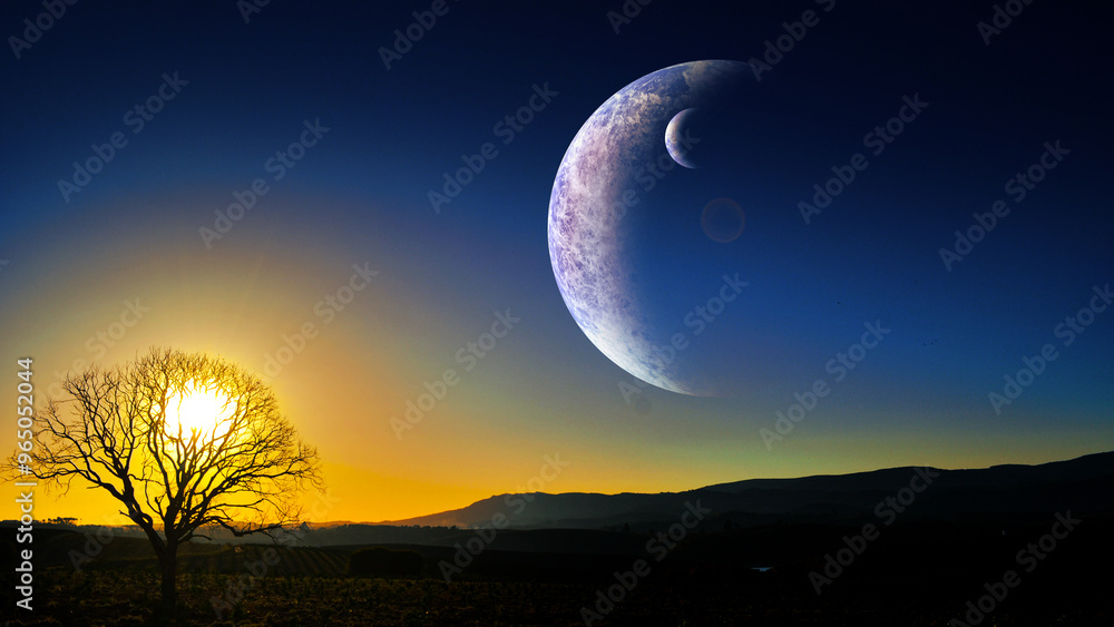 HD Space wallpaper for desktop, Alien landscape with giant planet floating above the horizon during nightfall, planet background 3d illustration for home sreen HD Space wallpaper for desktop, Alien landscape with giant planet floating above the horizon during nightfall, planet background 3d illustration for home sreen