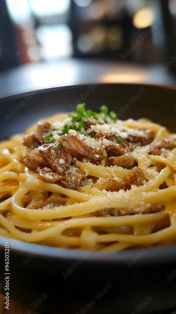 Close-up of a bowl of pasta with meat, cheese, and herbs Close-up of a bowl of pasta with meat, cheese, and herbs