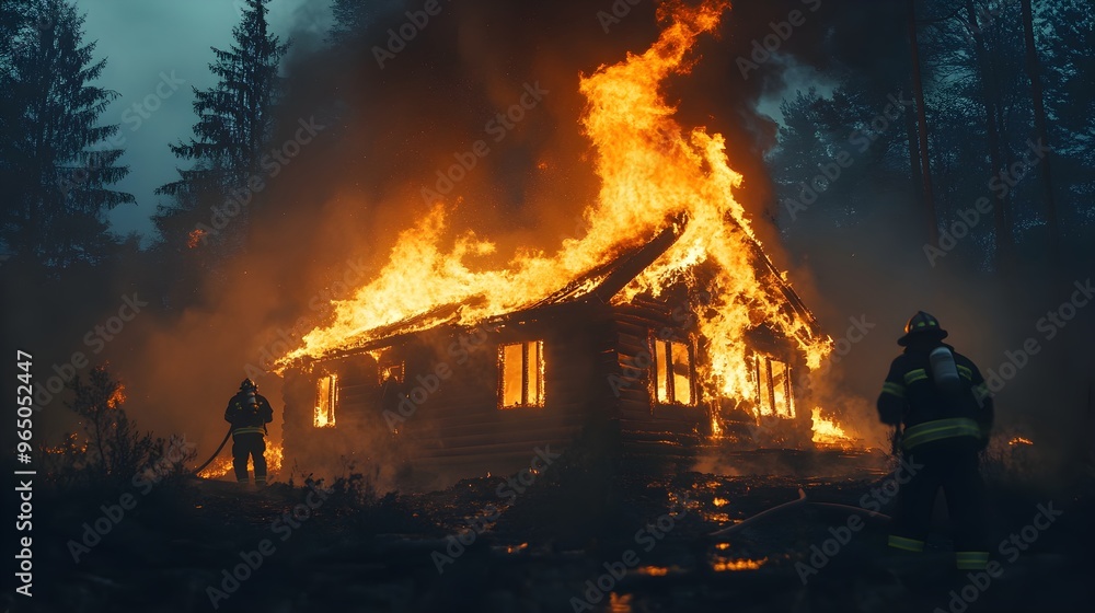 Firefighters in action, trying to extinguish a fierce cabin fire in the middle of the night, flames lighting up the forest, dynamic scene for insurance use Firefighters in action, trying to extinguish a fierce cabin fire in the middle of the night, flames lighting up the forest, dynamic scene for insurance use
