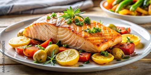 of a delicious salmon steak served with roasted vegetables, salmon, steak, food, dish, seafood, grill, gourmet, healthy, meal