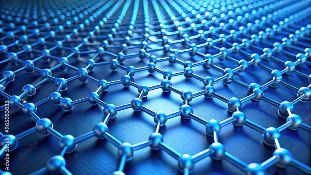 Fototapeta premium Blue Graphene forming on hexagon blue wafer grid ( Rendering), graphene, hexagon, blue, wafer
