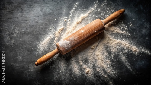 Rolling pin and dough on a dark table with flour, homemade cakes, low key food preparation in dark rustic style, homemade