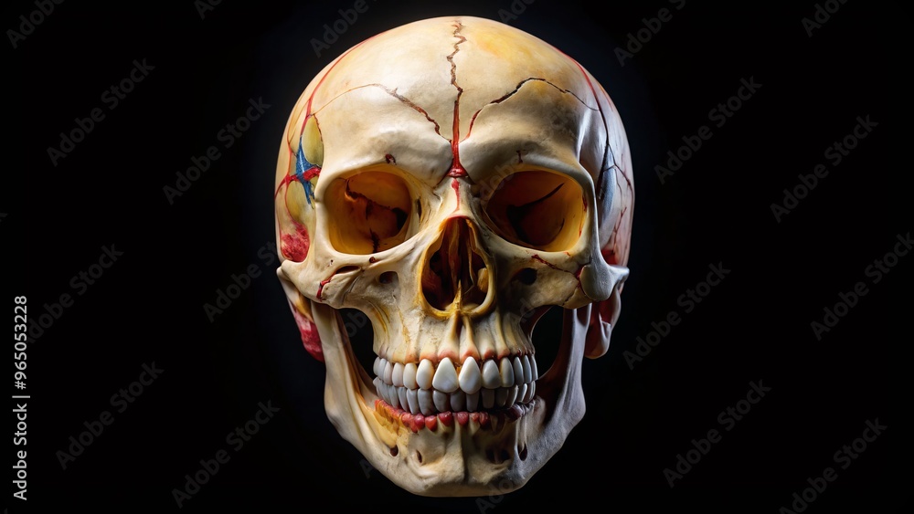 A human skull with visible sutures stands out on a black background, its nasal cavity a dark silhouette A human skull with visible sutures stands out on a black background, its nasal cavity a dark silhouette