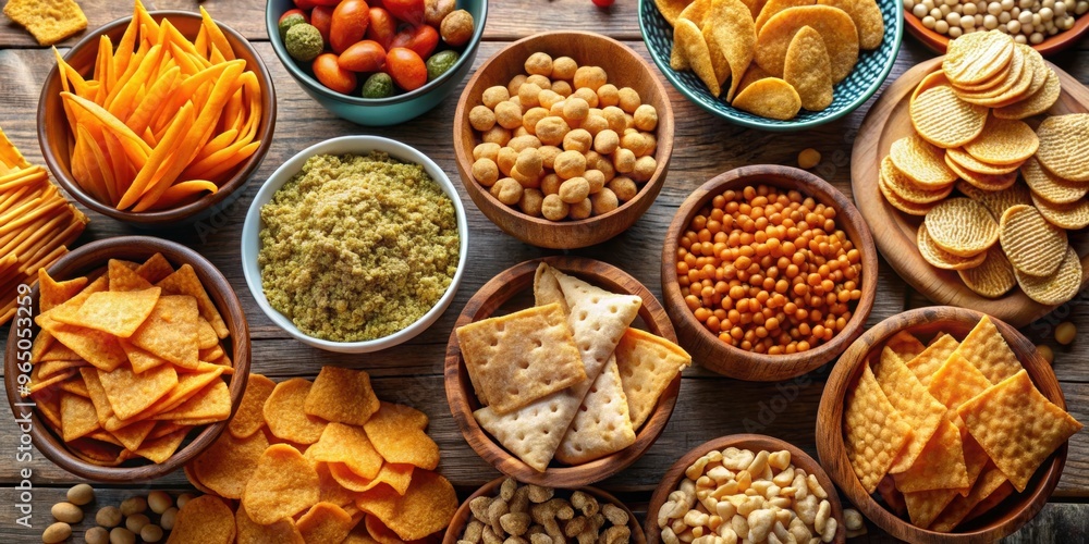 Assorted salty snacks including chips, crackers, and dried peas , snacks, salty, variety, chips, crackers, peas Assorted salty snacks including chips, crackers, and dried peas , snacks, salty, variety, chips, crackers, peas