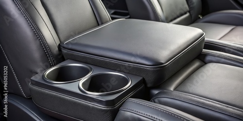 A high-quality black armrest lid cover with a sophisticated design, boasting cupholder slots and a precise fit for