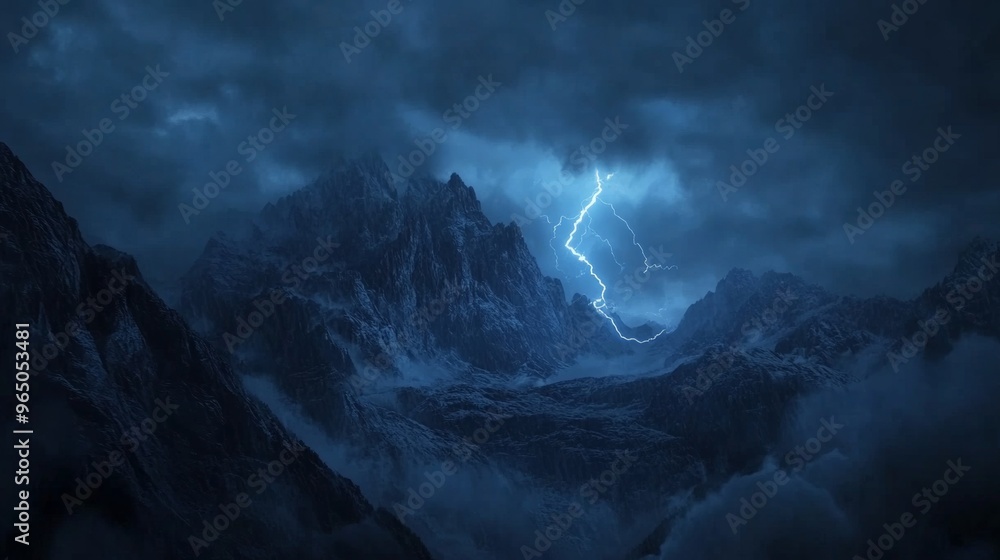 A dramatic scene of jagged mountains under dark storm clouds, illuminated by a striking lightning bolt in the night sky. A dramatic scene of jagged mountains under dark storm clouds, illuminated by a striking lightning bolt in the night sky.