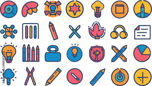 Art, creativity and graphic design related editable stroke outline icons set isolated on white background flat vector illustration