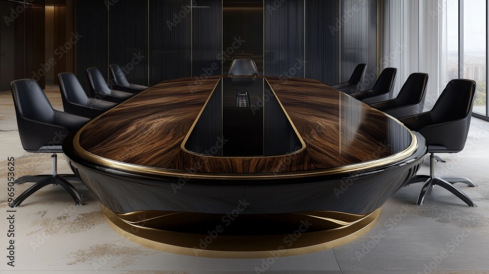 A large curved wooden conference table with black glass on the sides sits in an office with dark walls. A large curved wooden conference table with black glass on the sides sits in an office with dark walls.