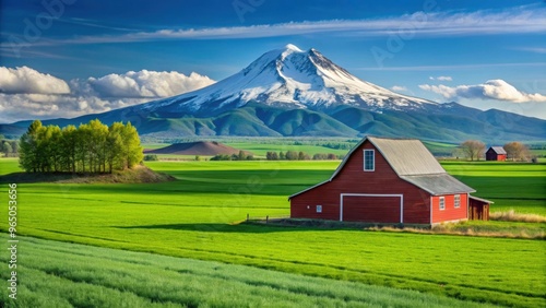 Green field with red barn overlooking view of Jefferson Mountain in Madras Oregon, green field photo