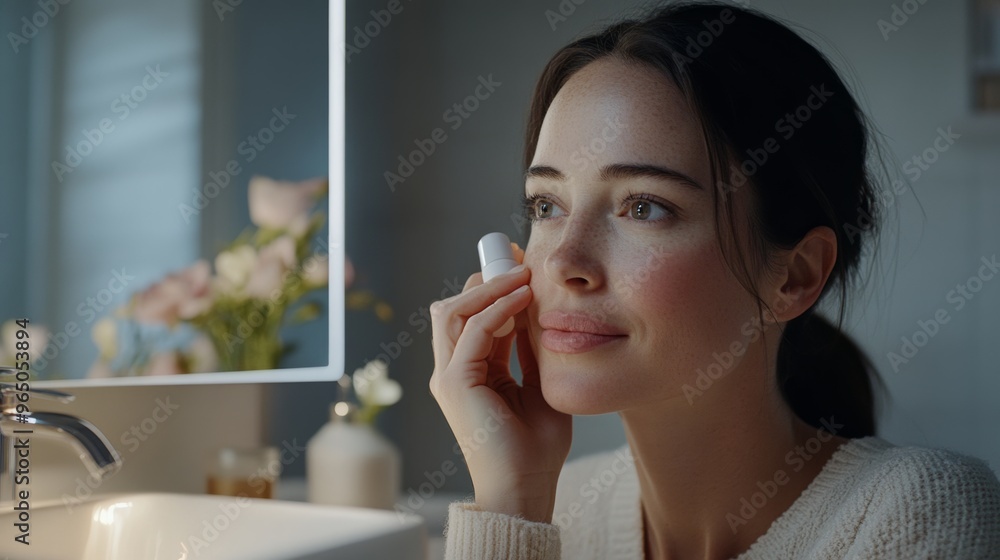 A woman gently applies facial skincare product while looking in the mirror, with a vase of flowers in the background. A woman gently applies facial skincare product while looking in the mirror, with a vase of flowers in the background.