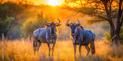 Two Blue wildebeest bulls in the sunset sunlight in the bushveld thicket of South Africa , wildlife, animals, nature, African bush