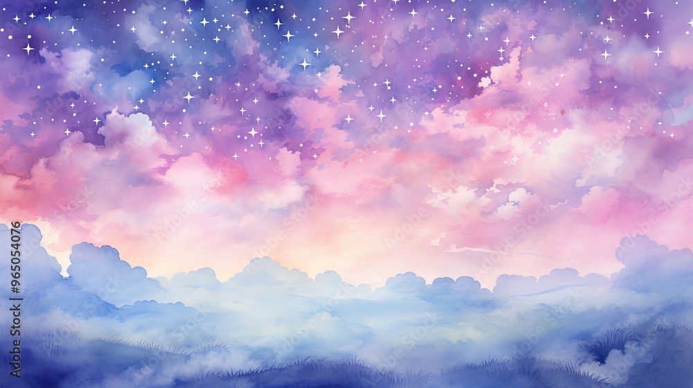 Watercolor Painting of a Cloudy Night Sky with Stars Over a Misty Landscape Watercolor Painting of a Cloudy Night Sky with Stars Over a Misty Landscape