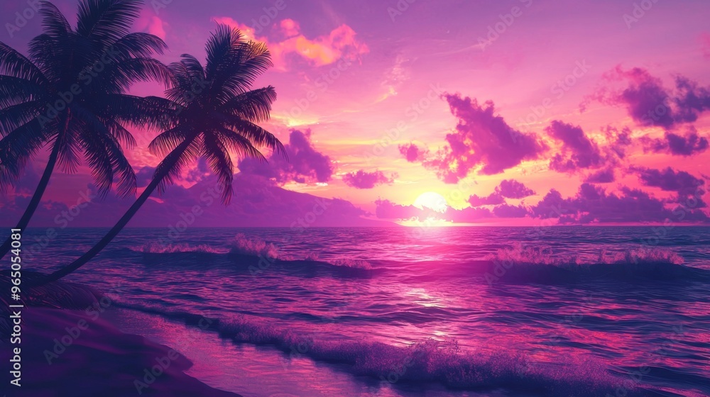 Mesmerizing Tropical Sunset over the Serene Ocean Waves and Palm Silhouettes Mesmerizing Tropical Sunset over the Serene Ocean Waves and Palm Silhouettes