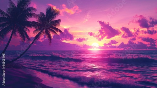 Mesmerizing Tropical Sunset over the Serene Ocean Waves and Palm Silhouettes