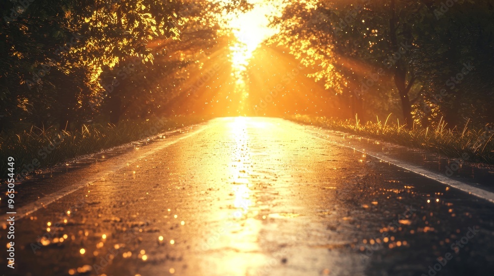 Obraz premium Sunlit Road at Dawn with Glowing Golden Rays in Tranquil Nature Landscape