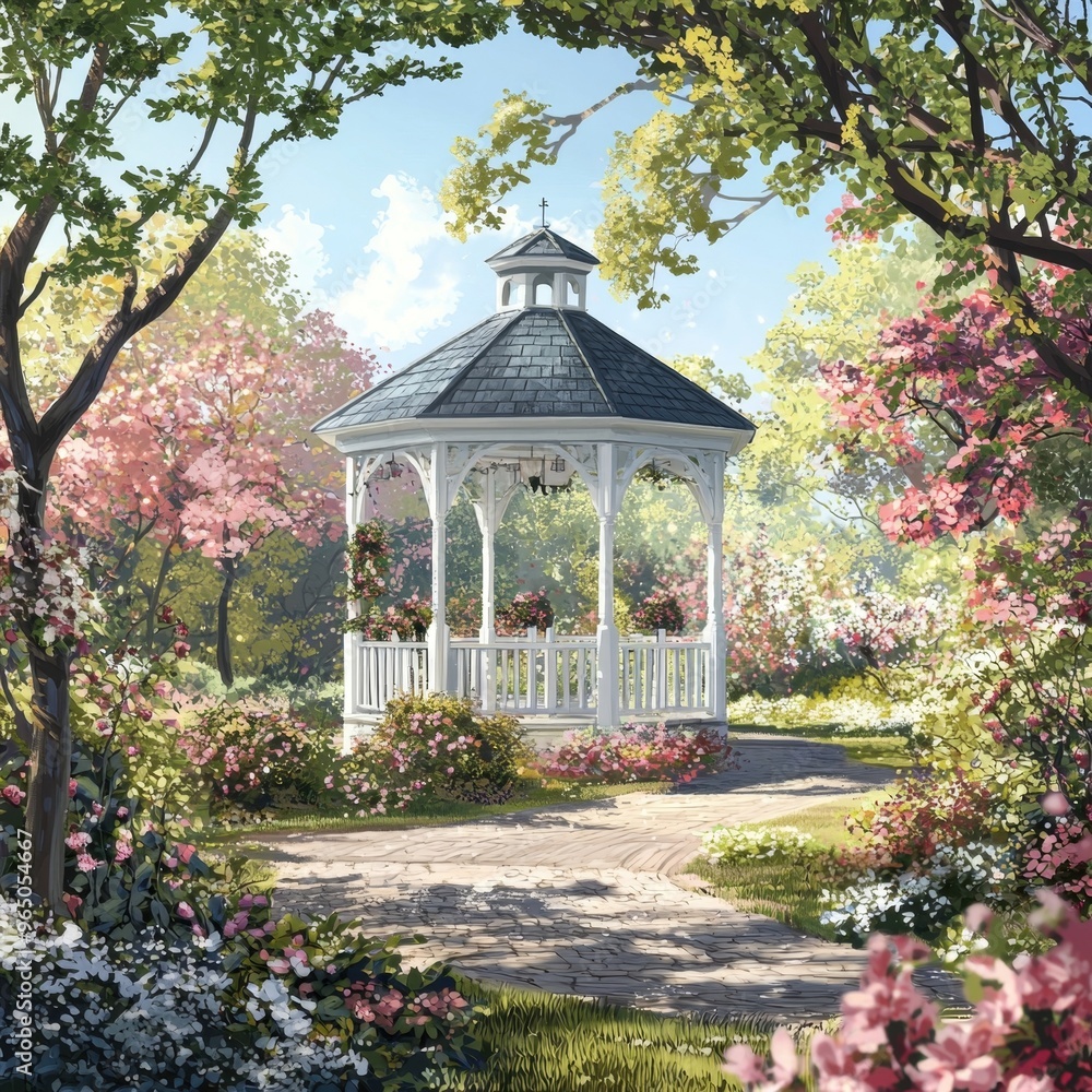 Obraz premium Tranquil Garden Gazebo Surrounded by Blooming Flowers and Lush Foliage