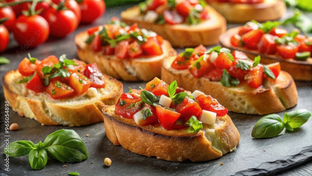 Close up view of crispy toasts with bruschetta toppings made from sliced baguette, toasts, bruschetta, sliced baguette Close up view of crispy toasts with bruschetta toppings made from sliced baguette, toasts, bruschetta, sliced baguette