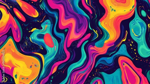 A vivid psychedelic pattern with swirling neon colors, abstract shapes, and a dynamic, fluid motion that captures the essence of 1960s psychedelic art.