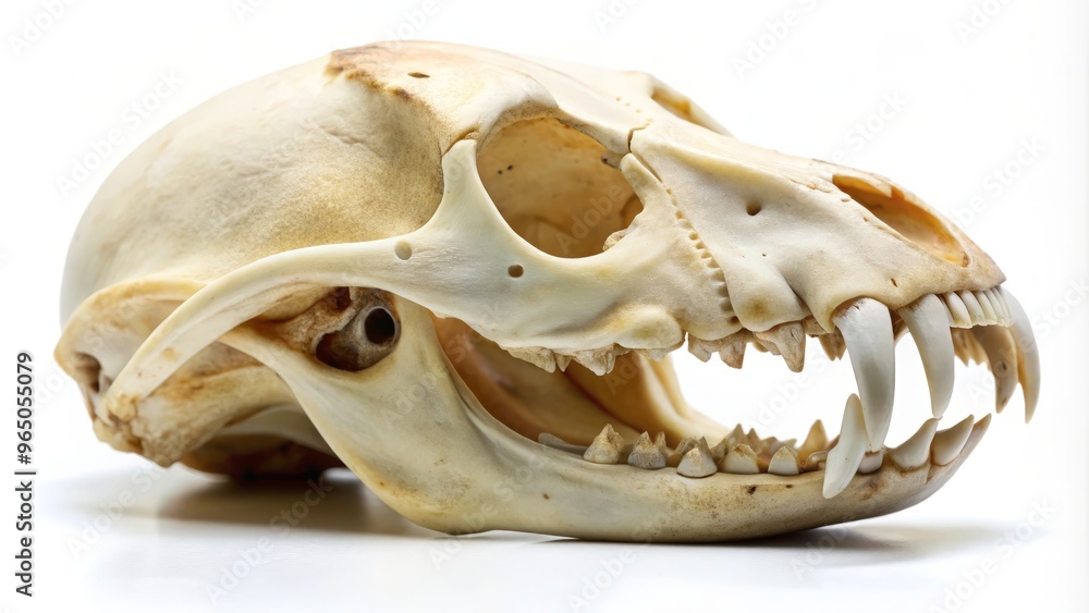 A muskrat skull rests on a pristine white background, showcasing its unique features and dental arrangement, including A muskrat skull rests on a pristine white background, showcasing its unique features and dental arrangement, including
