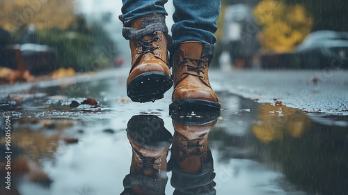 A travelar stepping down from his travel place, the ground slick with rain photo