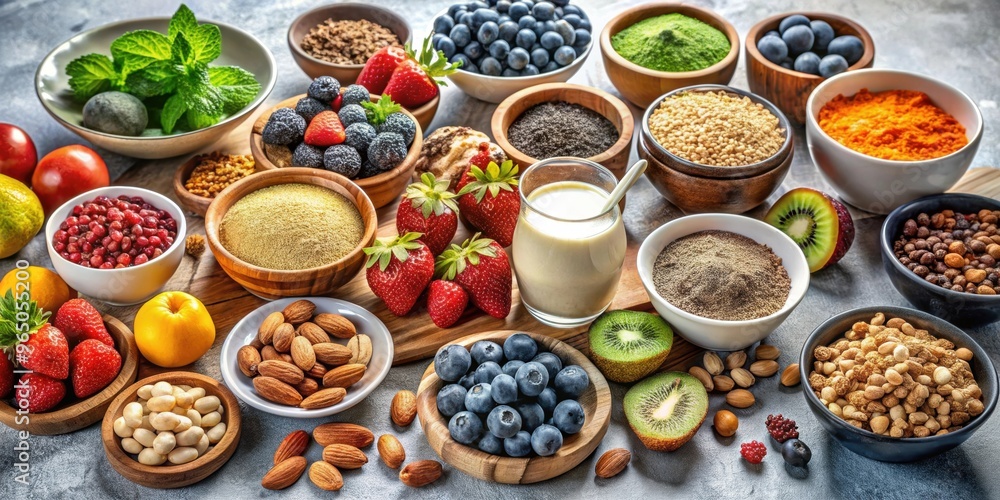 Assorted superfoods for a healthy breakfast spread , superfoods, healthy, breakfast, clean eating, nutrition, colorful Assorted superfoods for a healthy breakfast spread , superfoods, healthy, breakfast, clean eating, nutrition, colorful