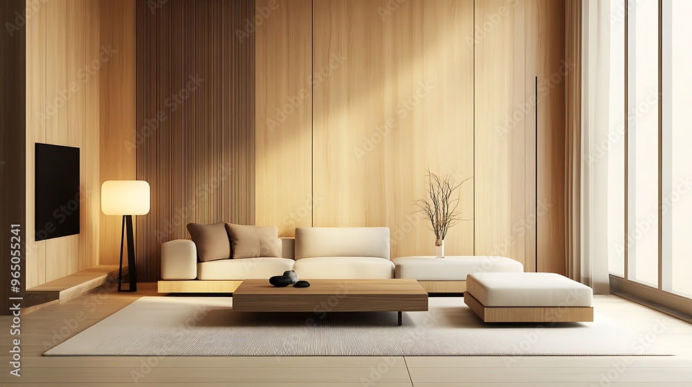 Modern Minimalist Living Room with Wood Panels, Low-Profile Furniture, and Neutral Color Palette for a Warm and Serene Atmosphere Modern Minimalist Living Room with Wood Panels, Low-Profile Furniture, and Neutral Color Palette for a Warm and Serene Atmosphere