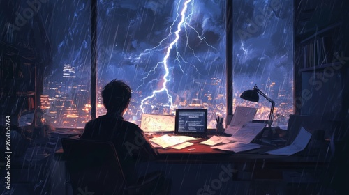 A person works at a desk in a high-rise office, overlooking a cityscape during a thunderstorm with a lightning strike in the background.