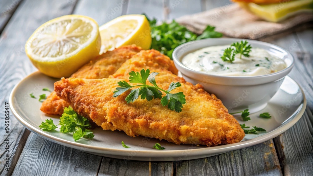 Golden fried fish fillet with tartar sauce, lemon wedges, and parsley , crispy, seafood, delicious, gourmet, fried, meal Golden fried fish fillet with tartar sauce, lemon wedges, and parsley , crispy, seafood, delicious, gourmet, fried, meal