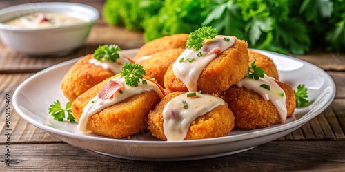 Delicious breaded chicken croquettes topped with ham and creamy sauce, breaded, chicken, croquettes, ham, creamy, sauce