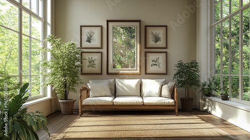 A Sofa with Pillows and Throw Blanket in a Room with Large Windows and Framed Botanical Prints