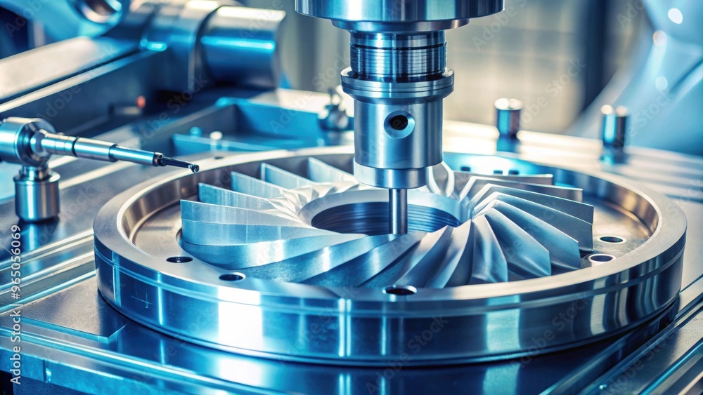 Closeup shot of a multi-axis CMM machine measuring water turbine parts in a light blue scene , technology Closeup shot of a multi-axis CMM machine measuring water turbine parts in a light blue scene , technology