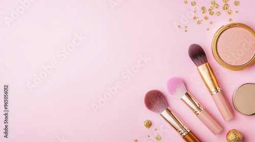 Close up of Gold makeup products on pink background with copy space. Ai generated image