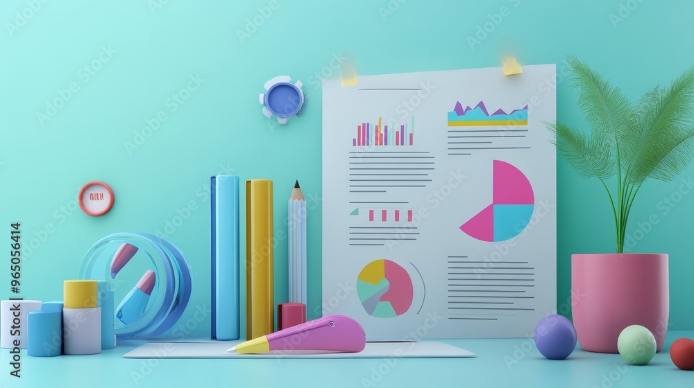Colorful Office Supplies and Charts on a Mint Background Colorful Office Supplies and Charts on a Mint Background