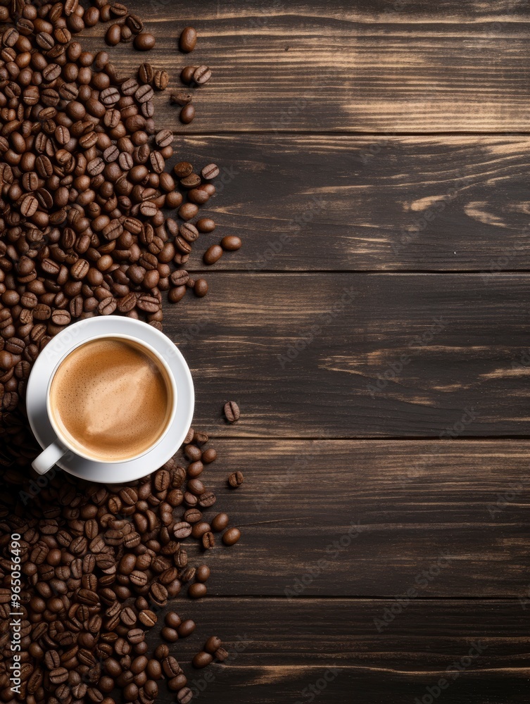 Top view of coffee concept on wooden table and copy space with generative ai Top view of coffee concept on wooden table and copy space with generative ai