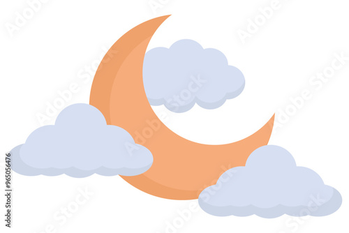 Clouds and moon cartoon illustration isolated on white background.