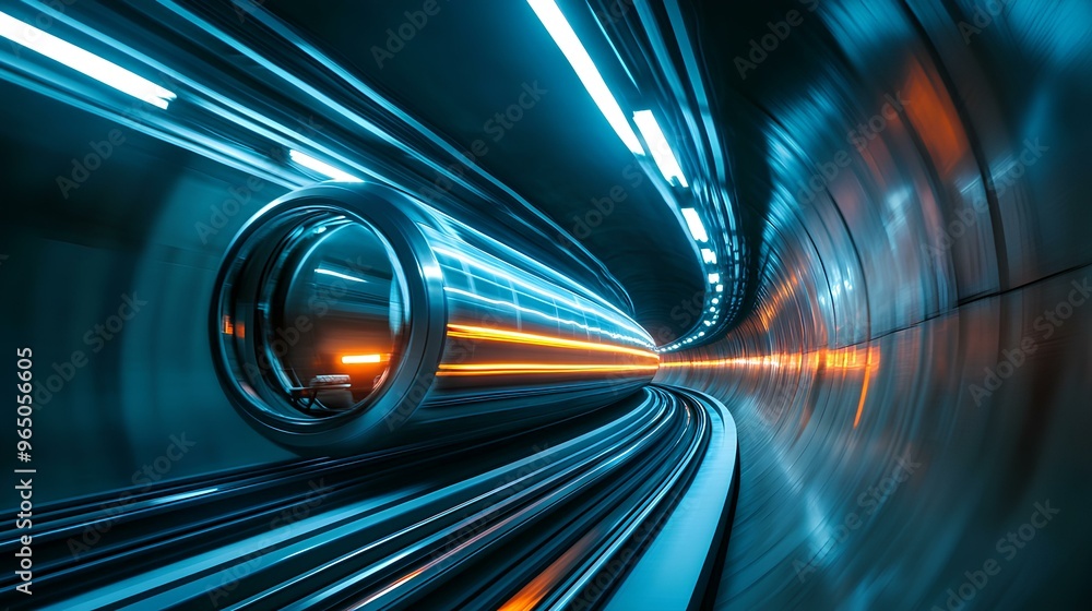 A futuristic hyperloop tunnel with a high-speed pod moving through it A futuristic hyperloop tunnel with a high-speed pod moving through it