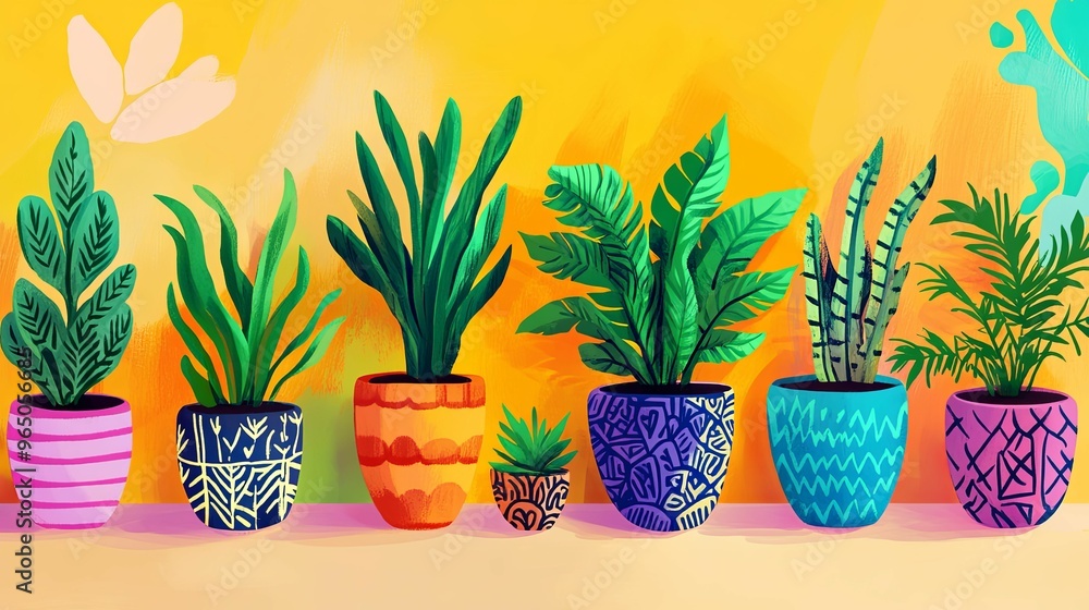 Seven Potted Plants Against a Yellow Background Seven Potted Plants Against a Yellow Background
