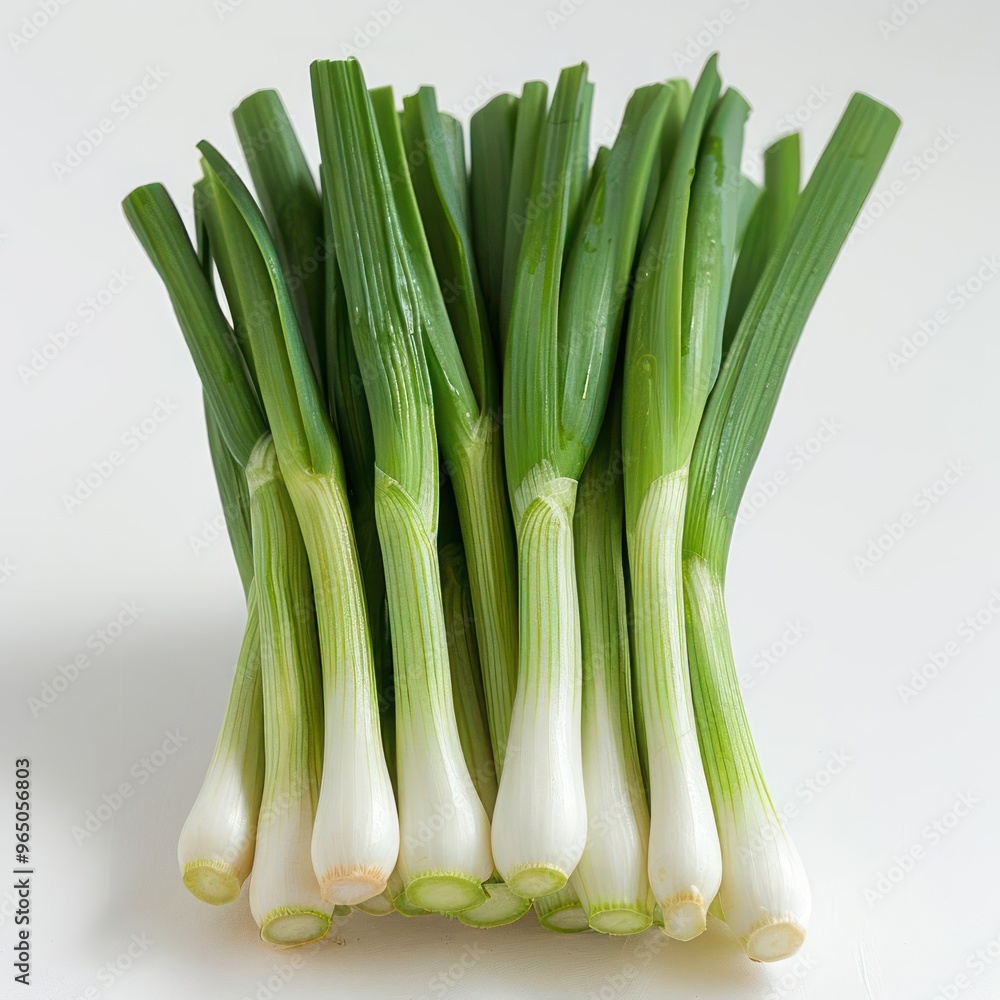 Obraz premium A collection of fresh green leeks on white background.