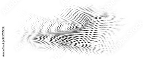 Flowing Wave Dot Halftone Pattern: Curve Gradient Shape on Transparent Background. Suitable for AI, Tech, Network, Digital, Science, and Technology Themes.