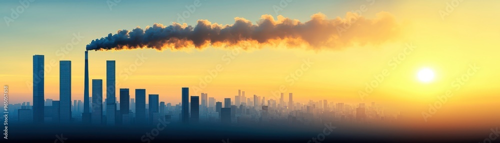 Fototapeta premium Environmental Impact of Unchecked Pollution, Thick Smog Blanketing Industrial Urban Area with Copy Space for Text