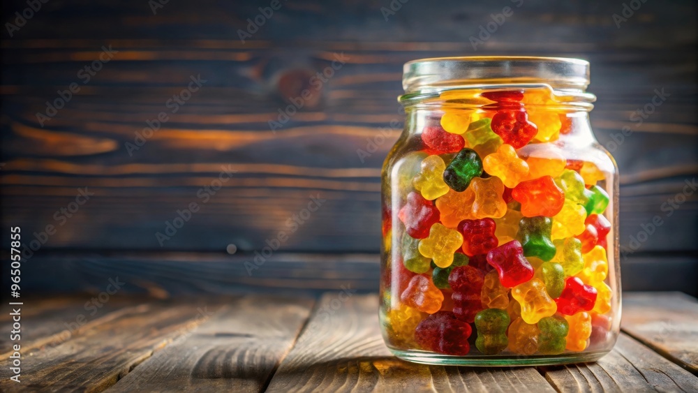 Glass jar filled with colorful teddy bear shaped jelly candies , sweets, candies, bears, jelly, dessert, snack, sweet treat Glass jar filled with colorful teddy bear shaped jelly candies , sweets, candies, bears, jelly, dessert, snack, sweet treat