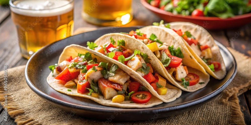 Delicious wheat tortillas filled with grilled chicken, topped with fresh salsa, and served with cold glasses of beer Delicious wheat tortillas filled with grilled chicken, topped with fresh salsa, and served with cold glasses of beer