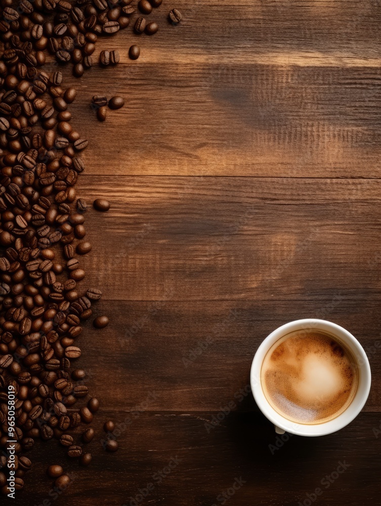 Top view of coffee concept on wooden table and copy space with generative ai Top view of coffee concept on wooden table and copy space with generative ai