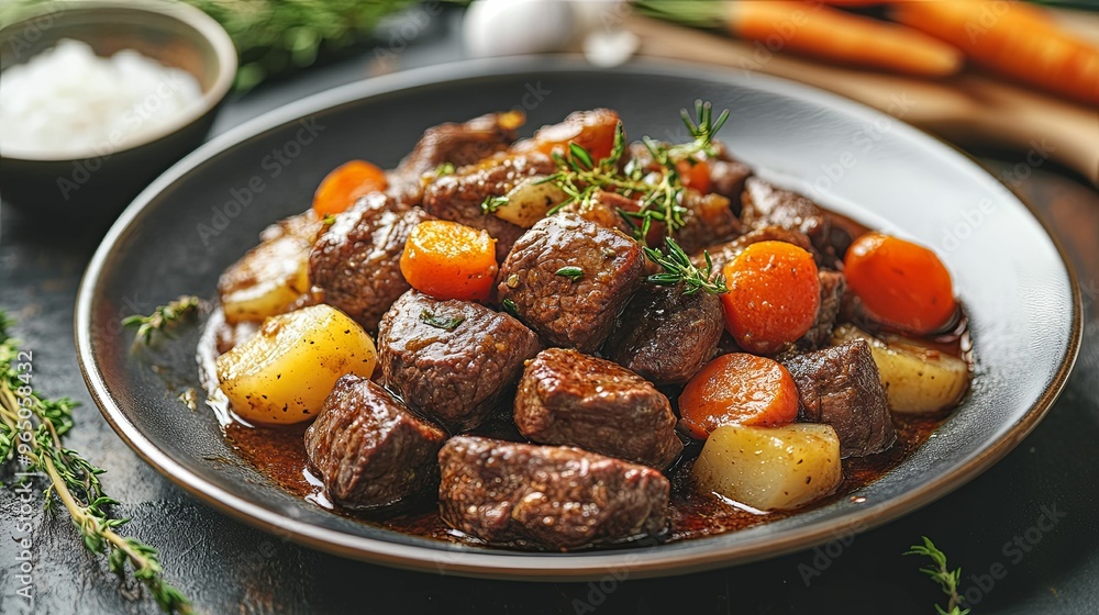Close-up of Beef Stew with Carrots and Potatoes in a Black Bowl Close-up of Beef Stew with Carrots and Potatoes in a Black Bowl
