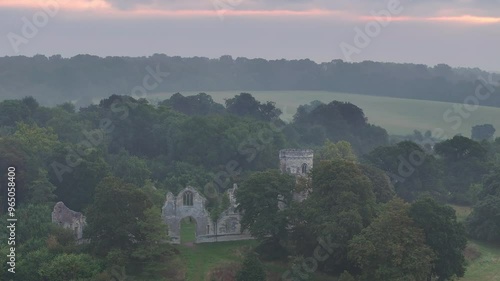 Aerial clip of Wimpole Castle folly at dawn, South Cambridgeshire, England, United Kingdom, Europe photo