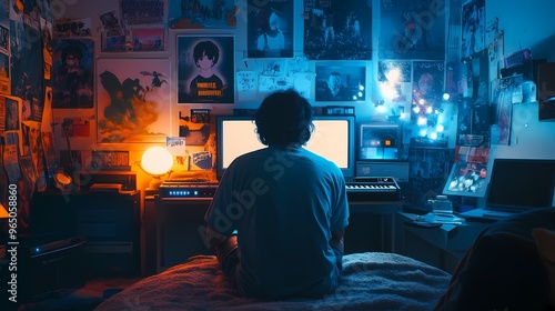 teenager in an 80's-themed bedroom, surrounded by nostalgic anime posters, relaxing with lo-fi music playing from a vintage boom box, the soft glow of desk lamps creating a calming atmosphere