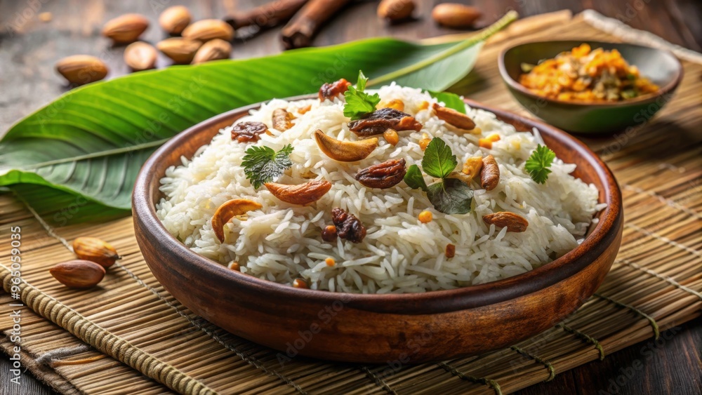 Traditional Kerala rice dish made with Basmati rice, ghee, spices, and garnished with fried onions and cashews, Kerala Traditional Kerala rice dish made with Basmati rice, ghee, spices, and garnished with fried onions and cashews, Kerala
